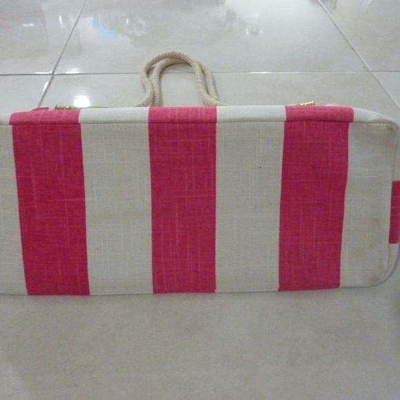 Lilly Pulitzer Striped Large Canvas Tote Bag PINK White GREEN  2 Piece 15 X 12'' - Picture 13 of 14